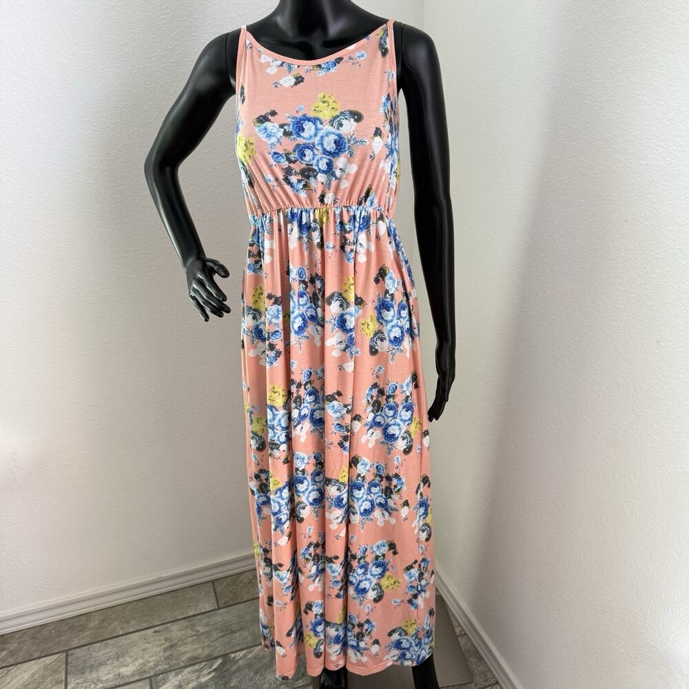 Peach Pink & Blue Floral Tank Maxi Casual Summer Beach Dress Large